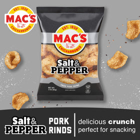 Mac's Salt & Pepper pork rinds – crisp close-up shows bold texture.