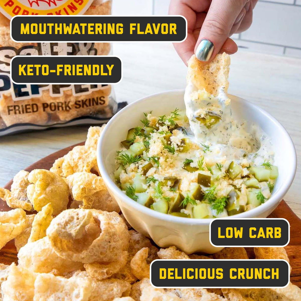 Mac's Salt & Pepper pork rinds with dip idea.