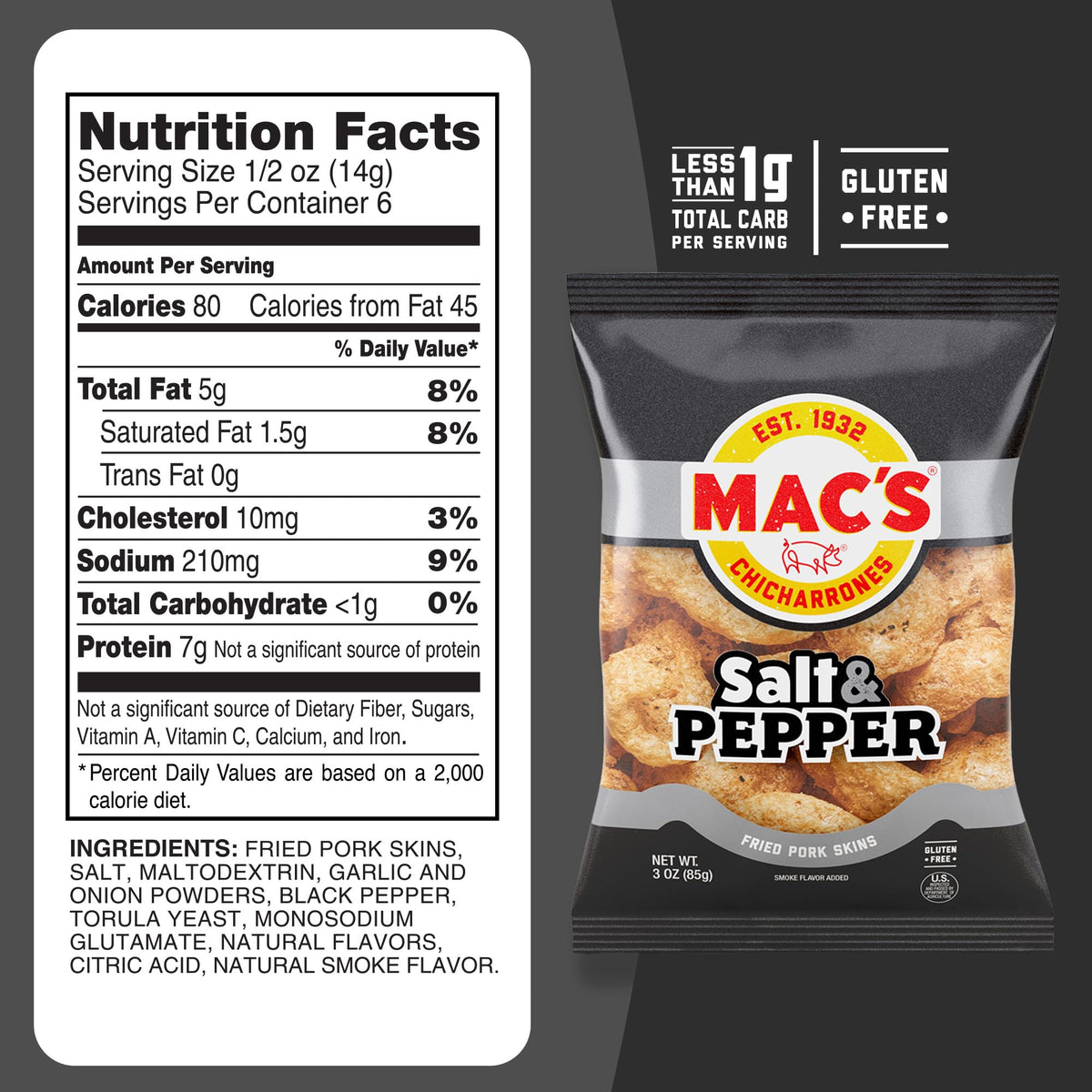 Mac's Salt & Pepper pork rinds – on the go snack.