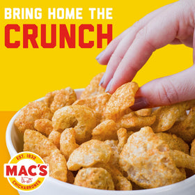 Opened bag of Mac's Salt & Pepper pork rinds.