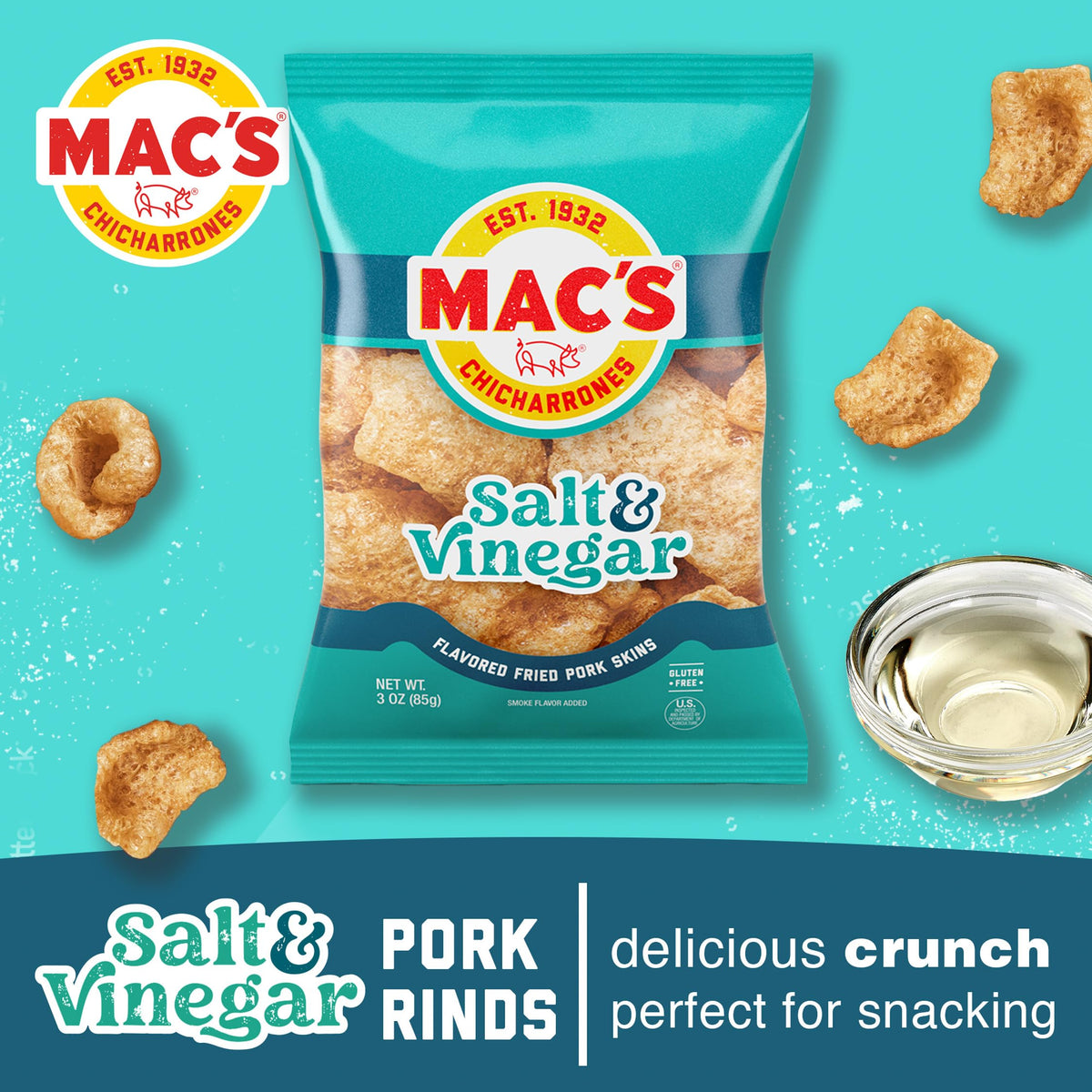 Closeup of Mac's fried pork skins highlights crisp bubbles and tangy seasoning.