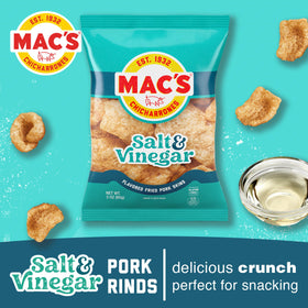 Closeup of Mac's fried pork skins highlights crisp bubbles and tangy seasoning.