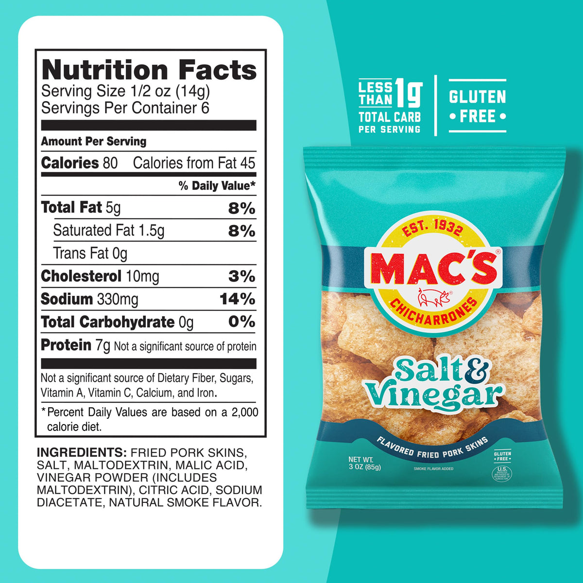 Back view of the bag shows nutrition label and low-carb positioning.