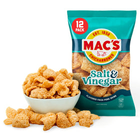 Mac's Salt & Vinegar pork skins pack front shows crispy texture and bold flavor.
