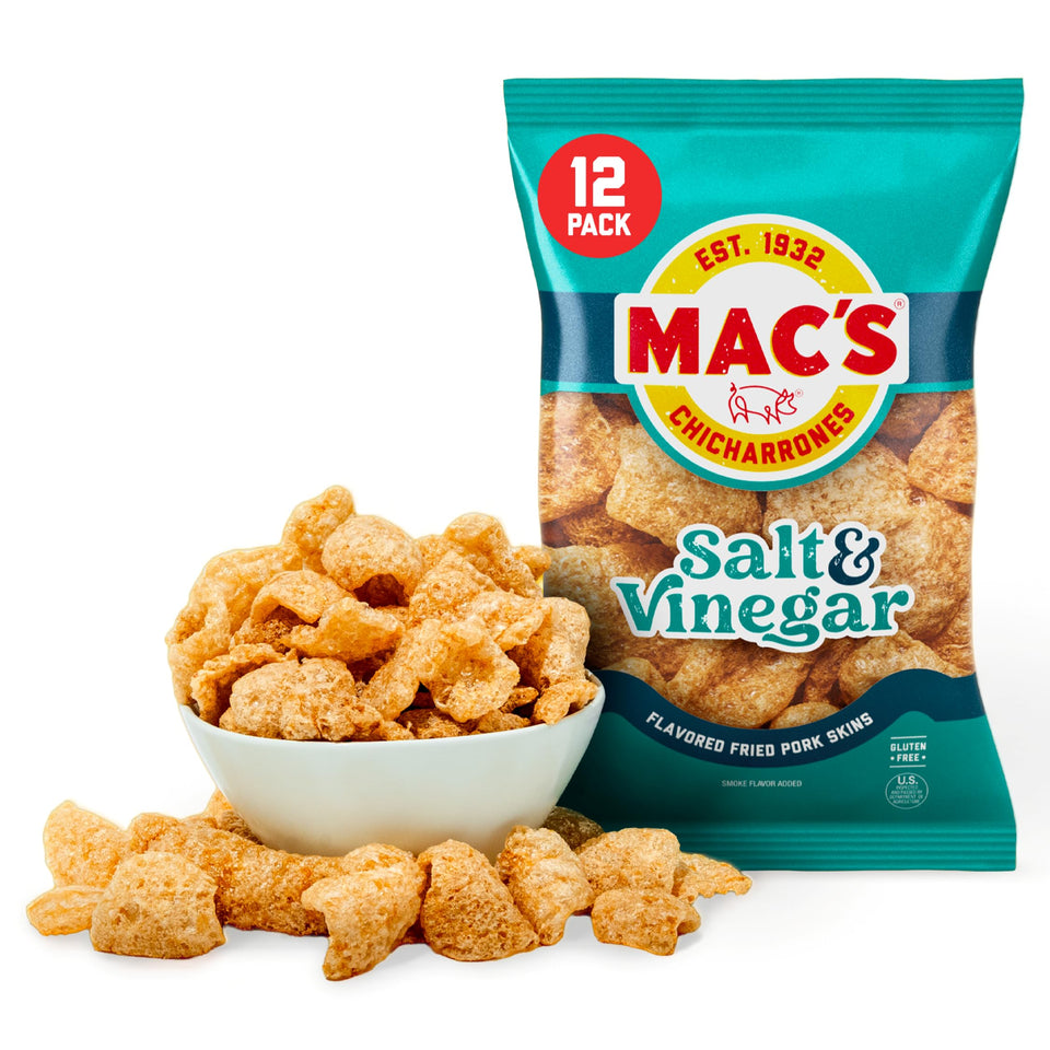 Mac's Salt & Vinegar pork skins pack front shows crispy texture and bold flavor.