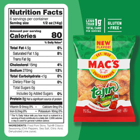 Vivid Tajín-seasoned Mac's pork skins ideal for sharing.