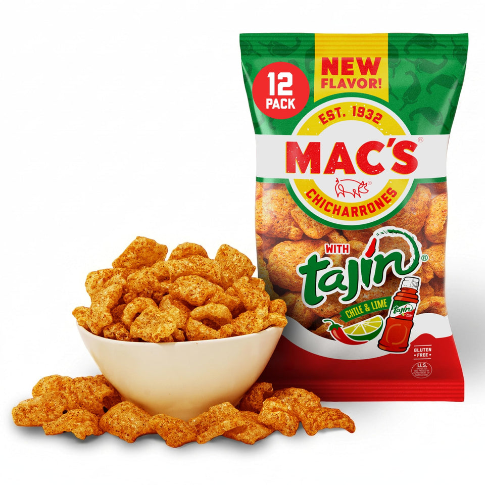 Mac's Tajin chili lime pork skins bag with crisp crunch for on-the-go snacking.