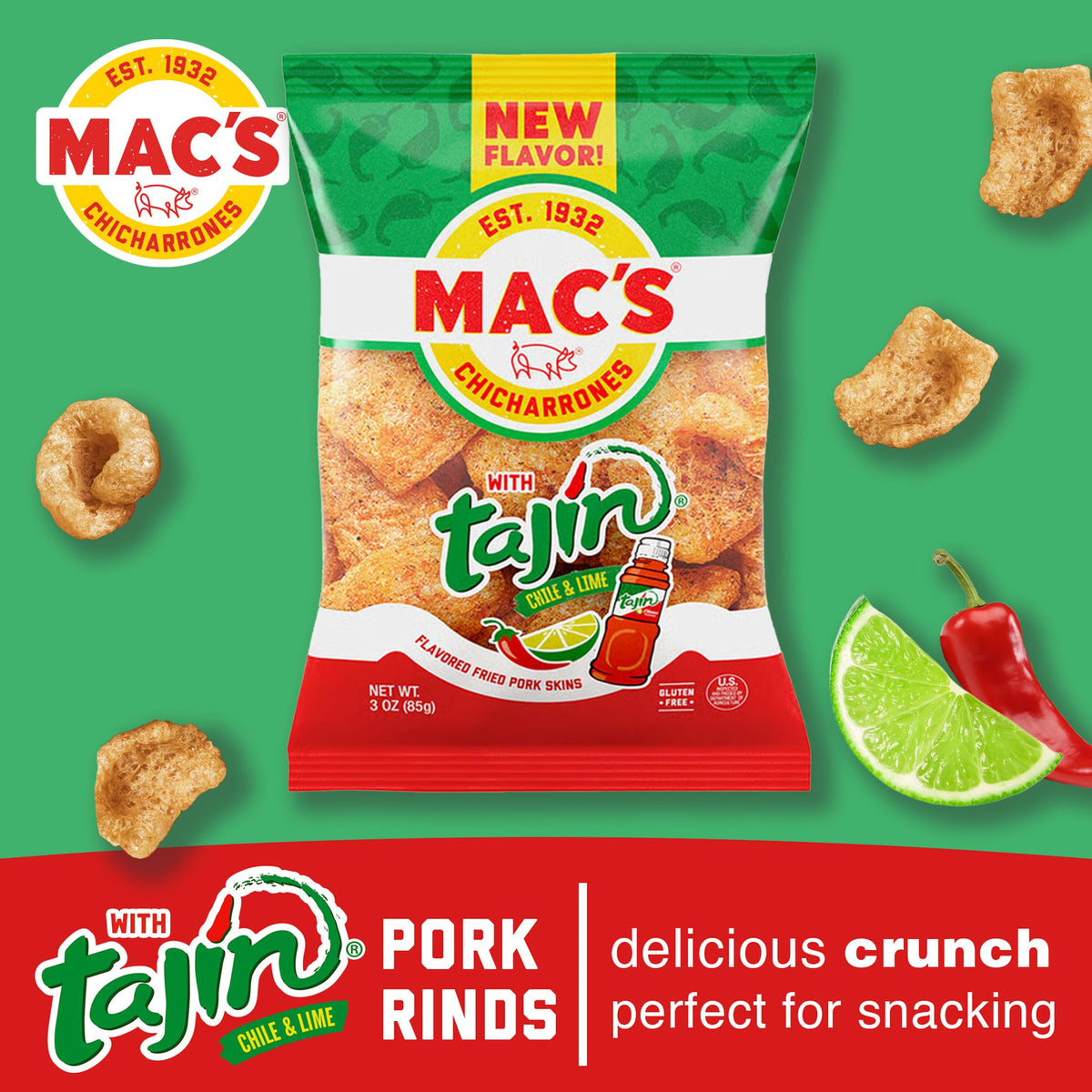 Close-up of Mac's Tajin pork skins highlighting golden color and zest, great for dipping.