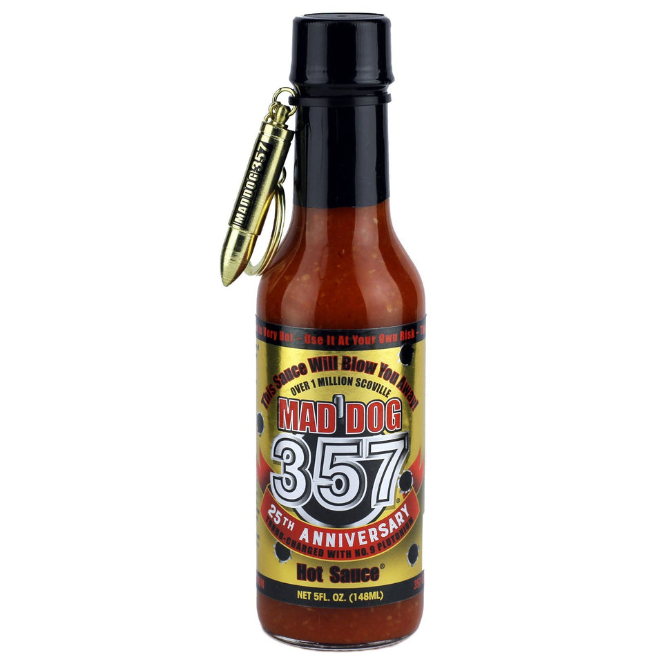 Mad Dog Gear Mad Dog 357 Gold Edition bottle showing golden heat for bold meals.