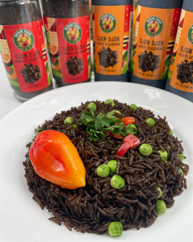 Madame Sarah Liquid Djon Djon label closeup highlights authentic Haitian mushroom flavor.