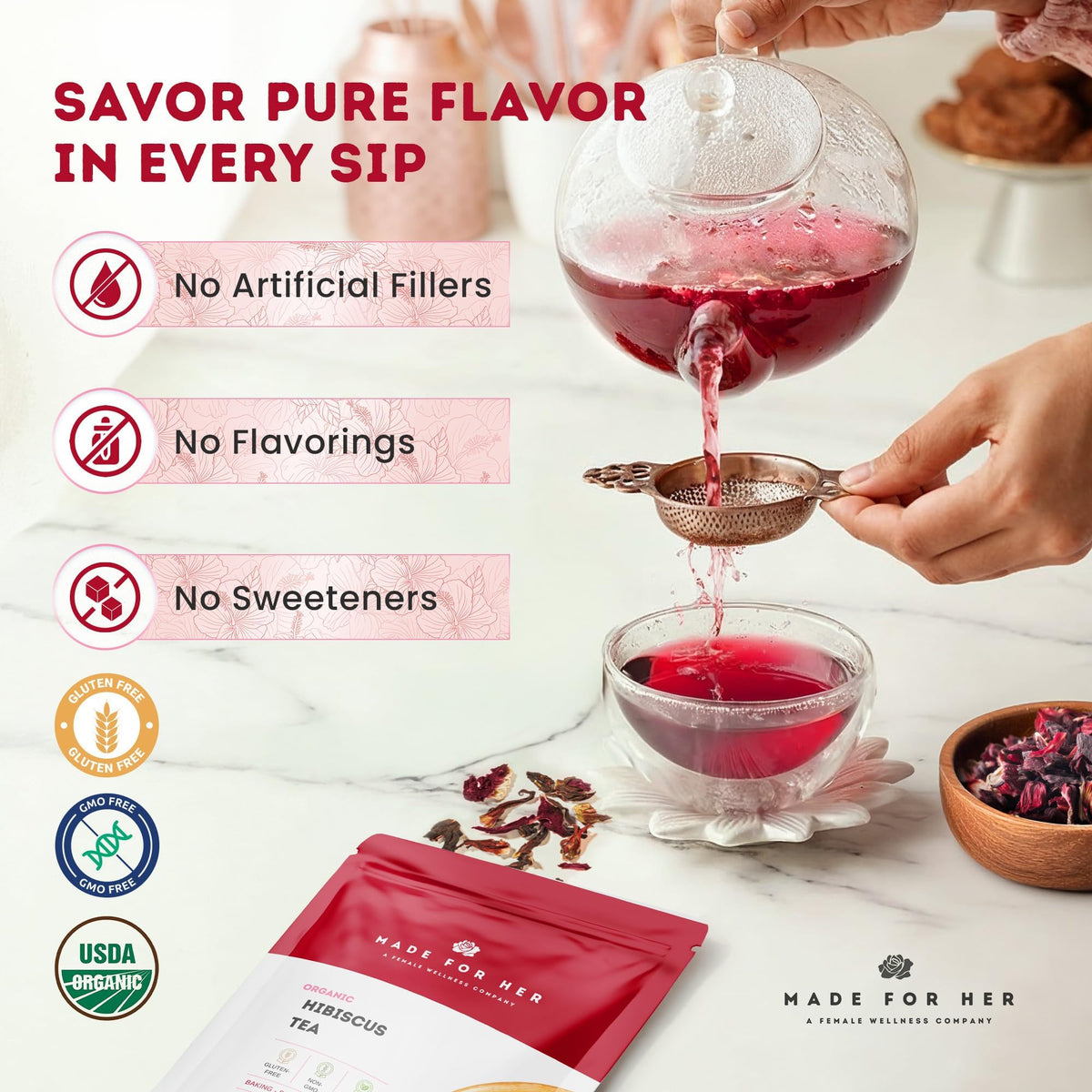 Made For Her hibiscus tea, colorful brew with tart, refreshing twist.
