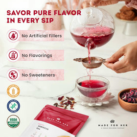 Made For Her hibiscus tea, colorful brew with tart, refreshing twist.