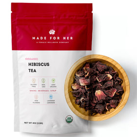 Made For Her Organic Hibiscus Tea loose-leaf, vibrant color and hydration-friendly aroma.