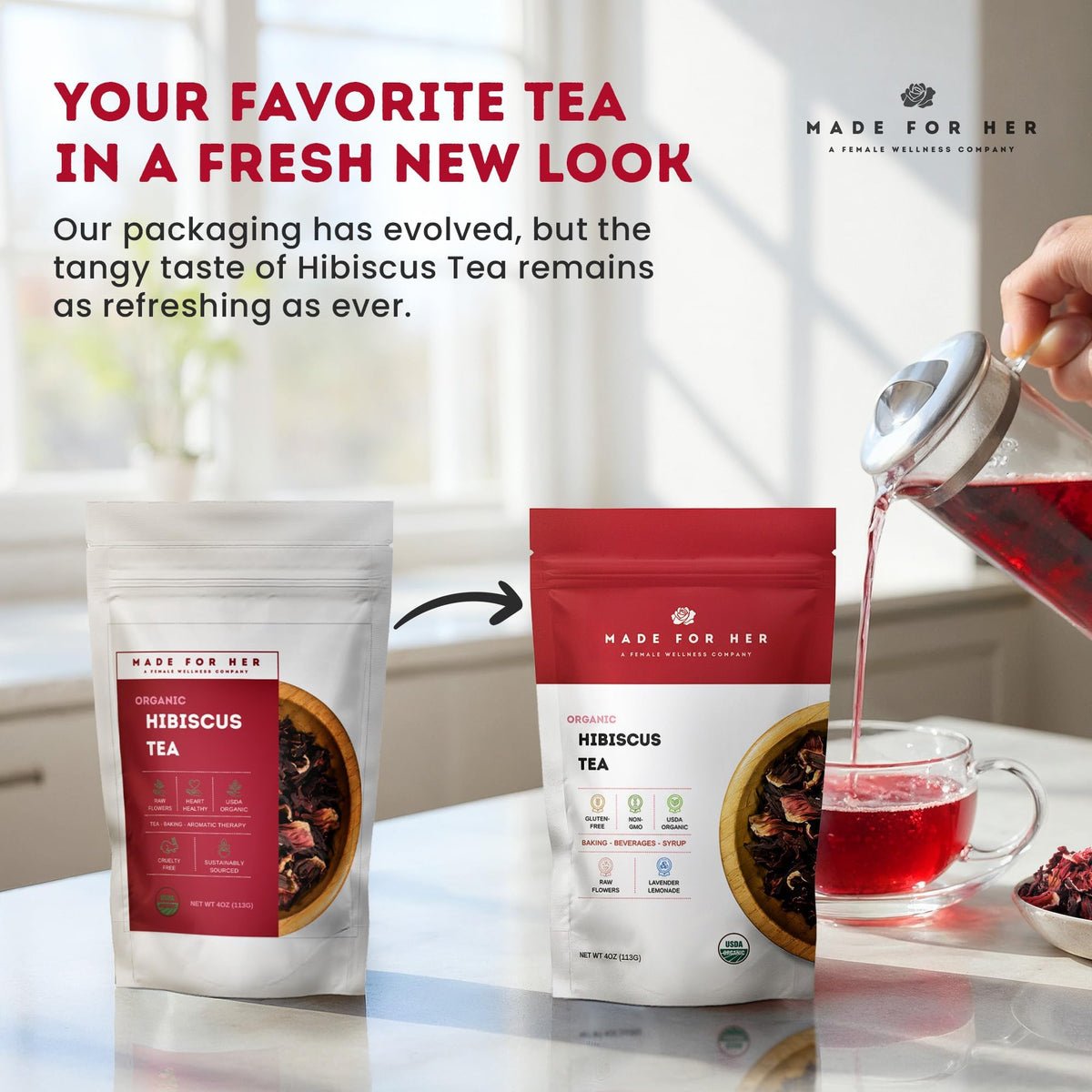 Made For Her vitamin C rich hibiscus tea for daily radiance.