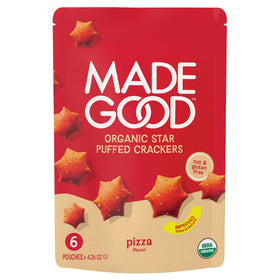 Made Good Star Puffed Crackers pizza pack, kid-friendly gluten-free snack for lunches.