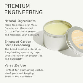 Made In seasoning wax being applied to cookware, promoting a natural non-stick surface.
