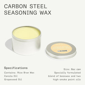 Made In carbon steel seasoning wax on seasoned skillet, showing smooth finish.
