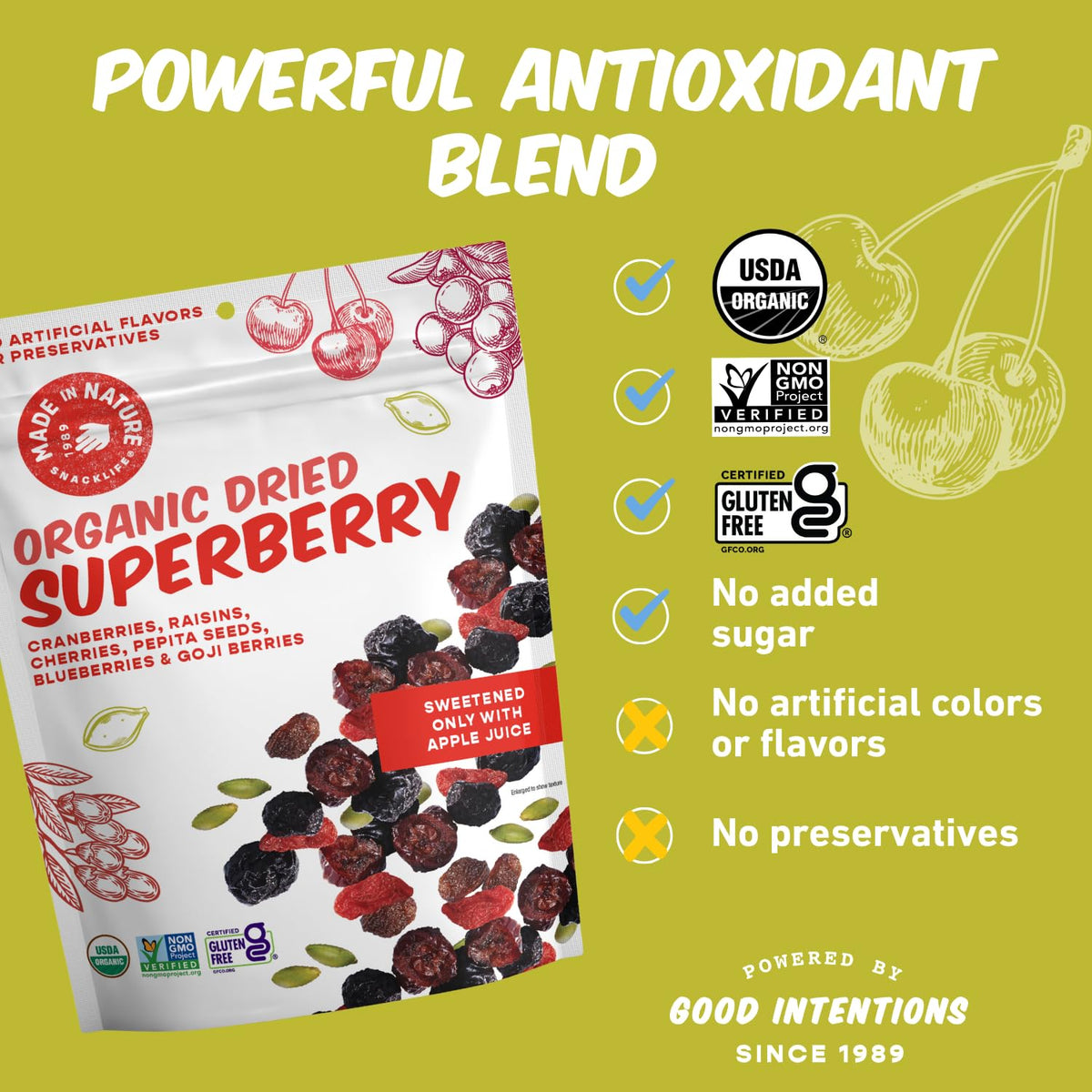 Made In Nature Fruit Fusion crunch of cranberries, raisins, and pepita seeds ideal for trail mix.
