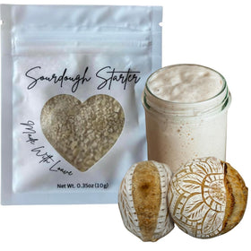 Made With Loave dehydrated starter bag label for quick rehydration and beginner-friendly sourdough.