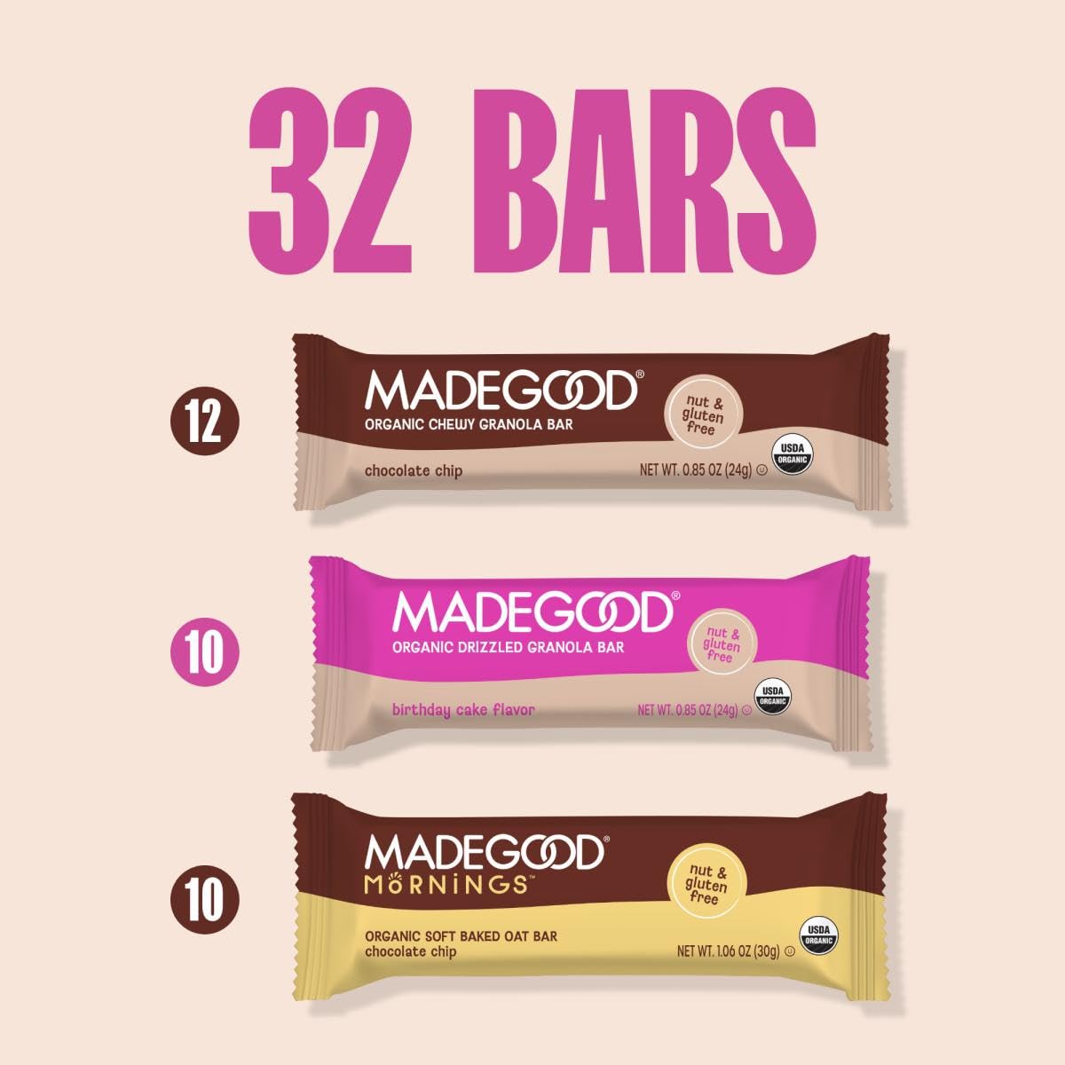 MadeGood Allergen-friendly label notes nut-free and gluten-free options.