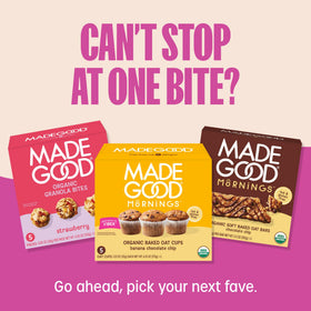 MadeGood Birthday Cake bar, chocolate drizzle, on-the-go snacking.