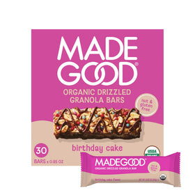 MadeGood Birthday Cake Granola Bar with chocolate drizzle, a delicious kid-friendly snack for lunchboxes.