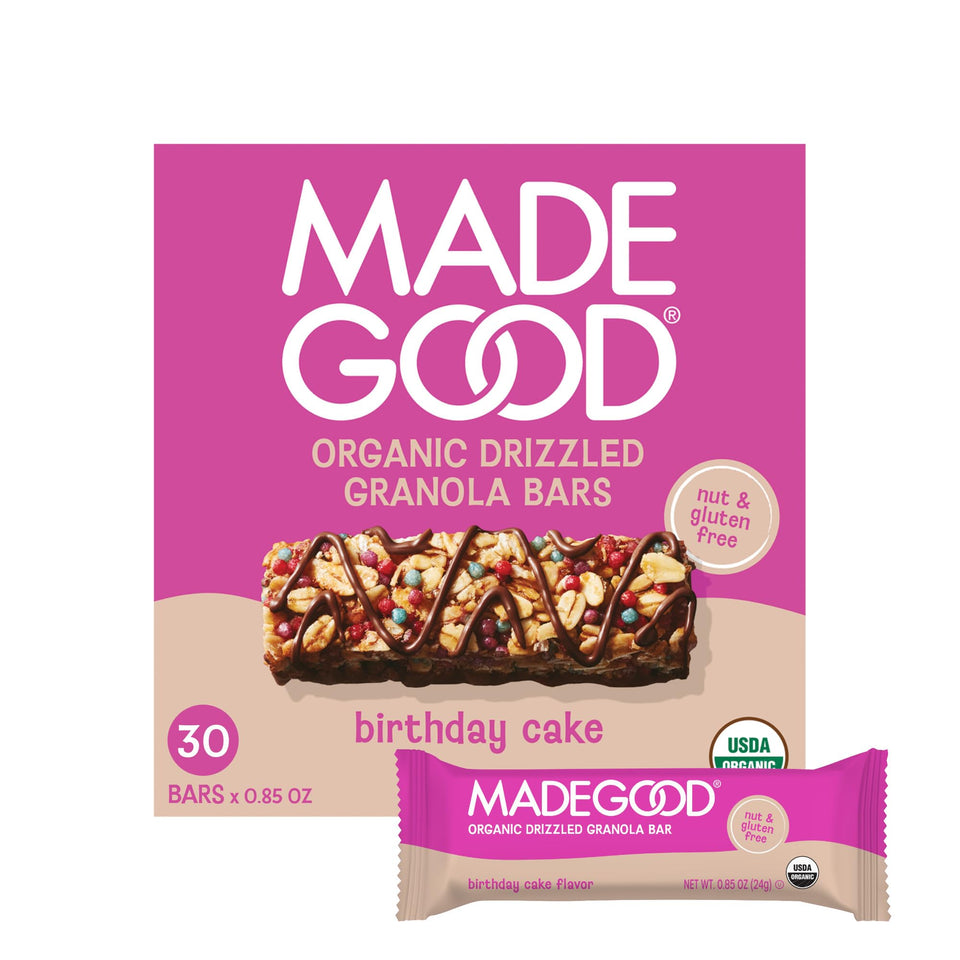 MadeGood Birthday Cake Granola Bar with chocolate drizzle, a delicious kid-friendly snack for lunchboxes.