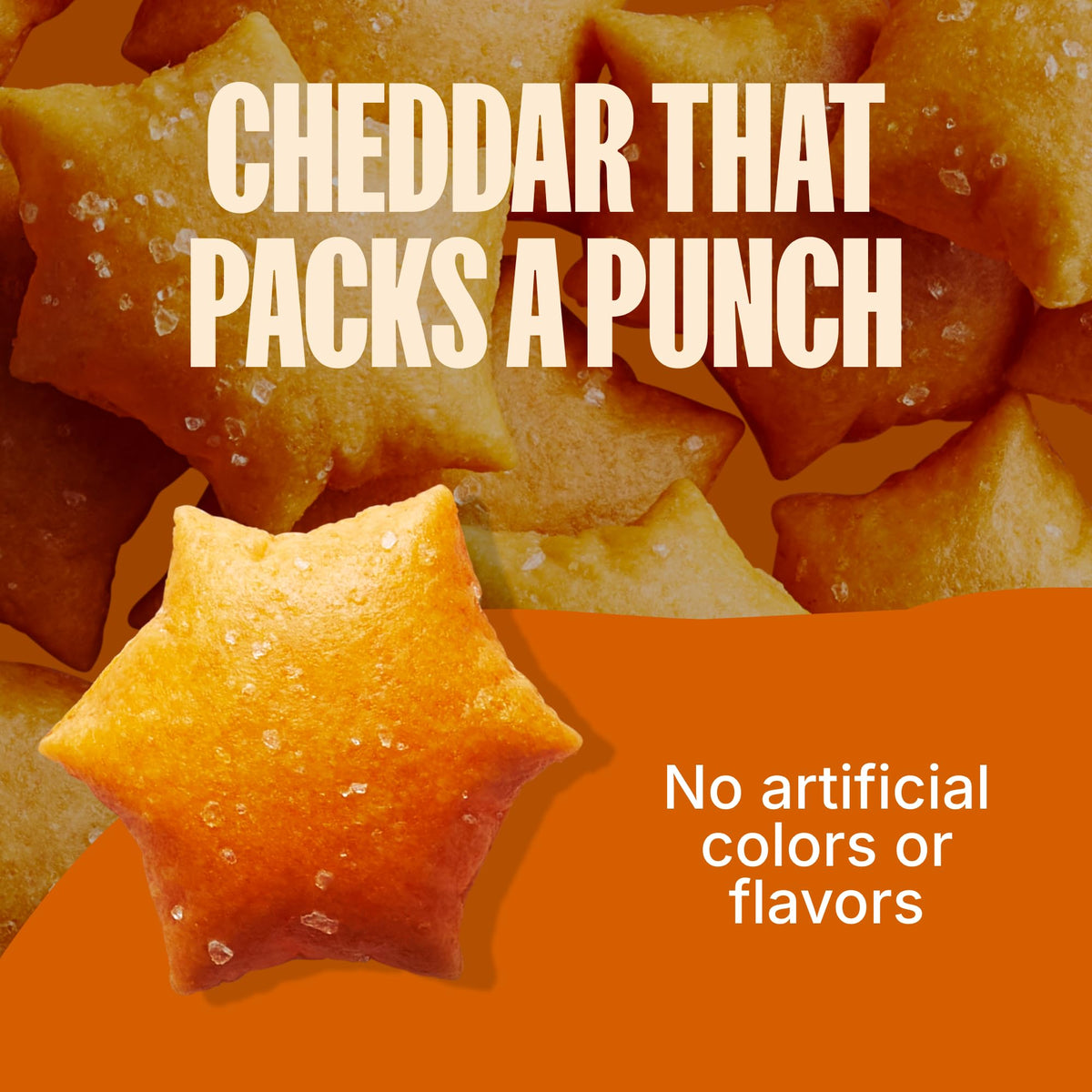 MadeGood Cheddar Star Puffed Crackers bag closeup highlights cheesy flavor and crunch.