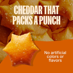 MadeGood Cheddar Star Puffed Crackers bag closeup highlights cheesy flavor and crunch.