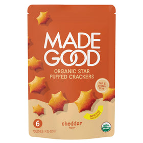 MadeGood Cheddar Star Puffed Crackers packfront showing gluten-free, kid-friendly snack.
