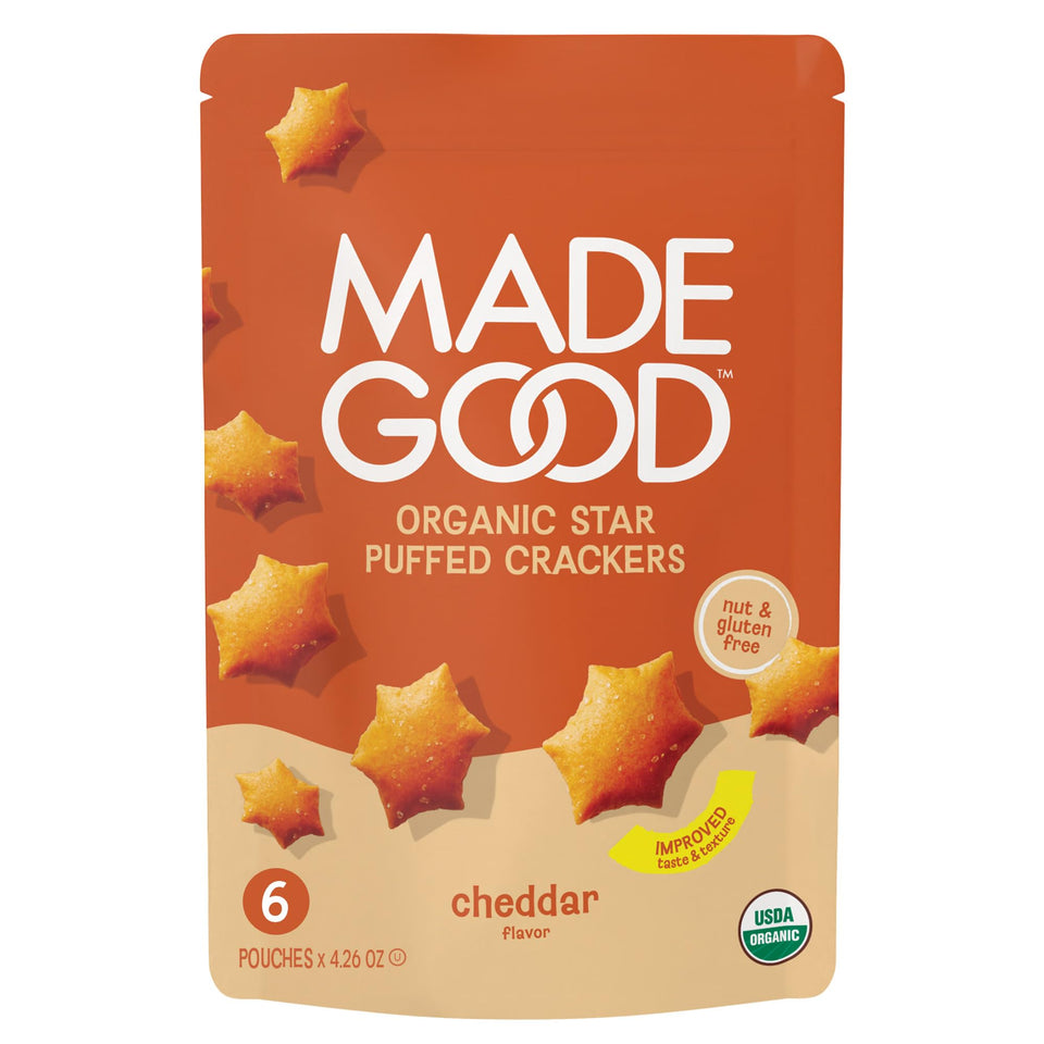 MadeGood Cheddar Star Puffed Crackers packfront showing gluten-free, kid-friendly snack.