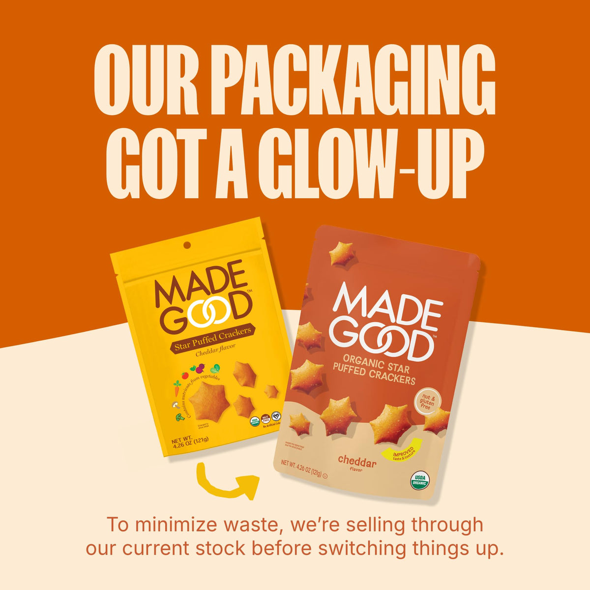MadeGood Cheddar Star Puffed Crackers six-bag family pack for sharing.