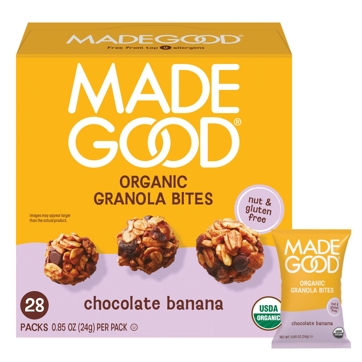 MadeGood chocolate banana granola bites 28-pack packaging for convenient on-the-go snacking