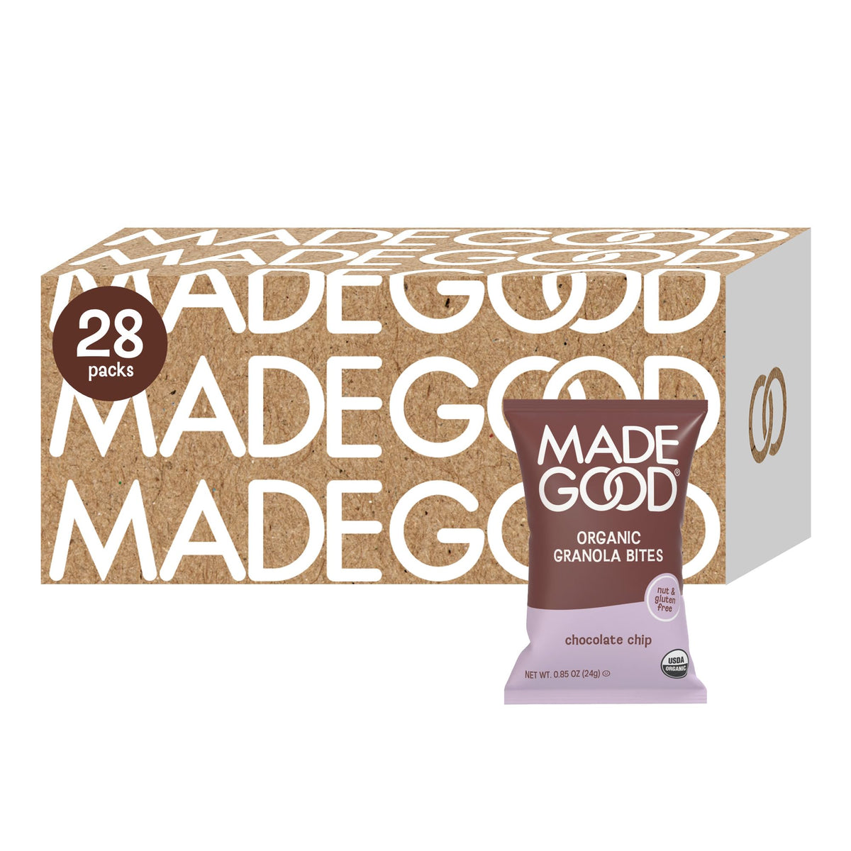 MadeGood Chocolate Chip Granola Bites packaging showing 28 pouches for on-the-go snacking