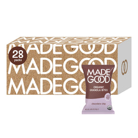 MadeGood Chocolate Chip Granola Bites packaging showing 28 pouches for on-the-go snacking