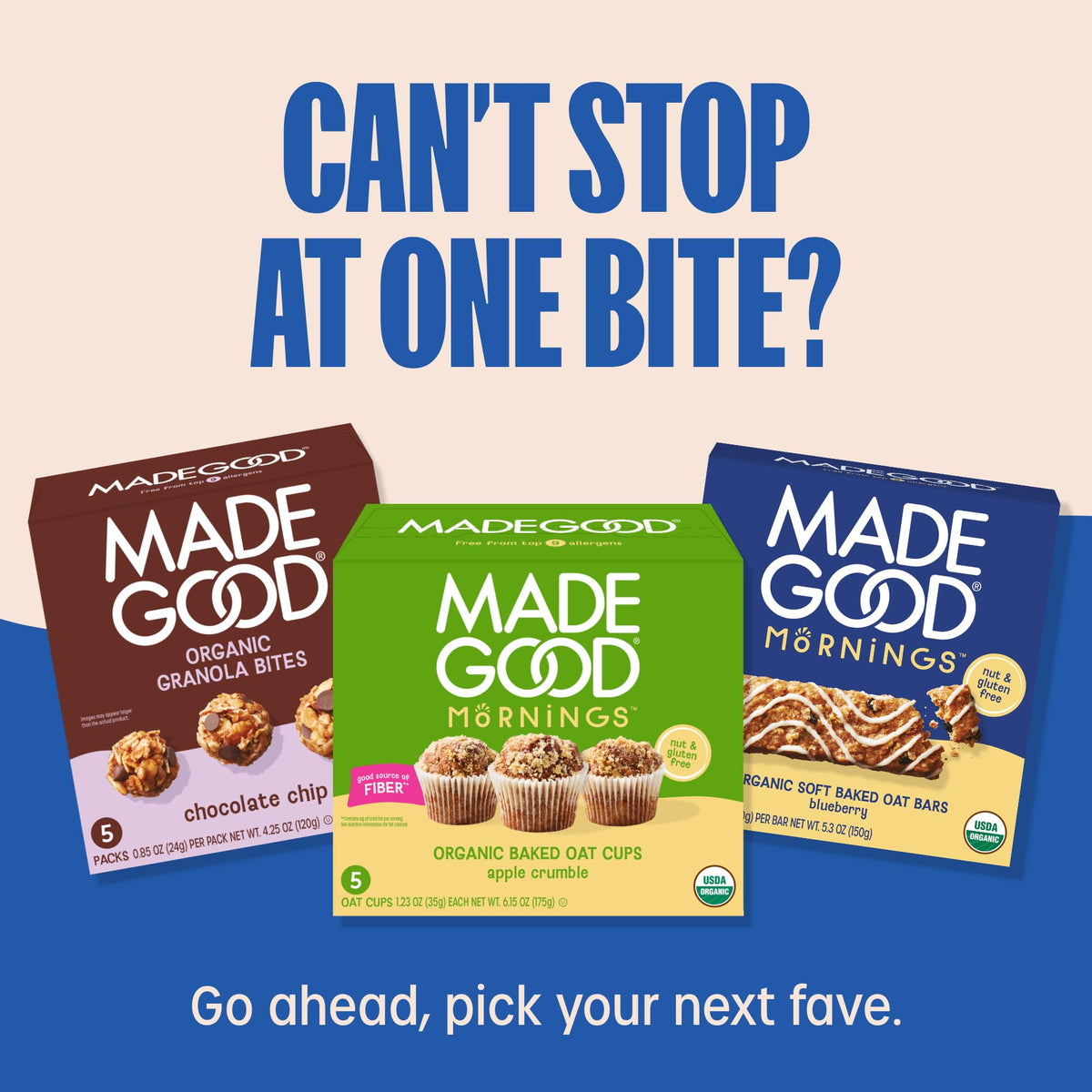 Box of MadeGood bars, gluten-free and allergy-friendly.