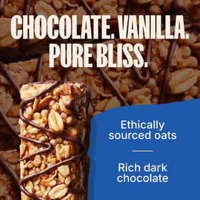 MadeGood vanilla granola bar close-up, chocolate drizzle highlights rich vanilla flavor.