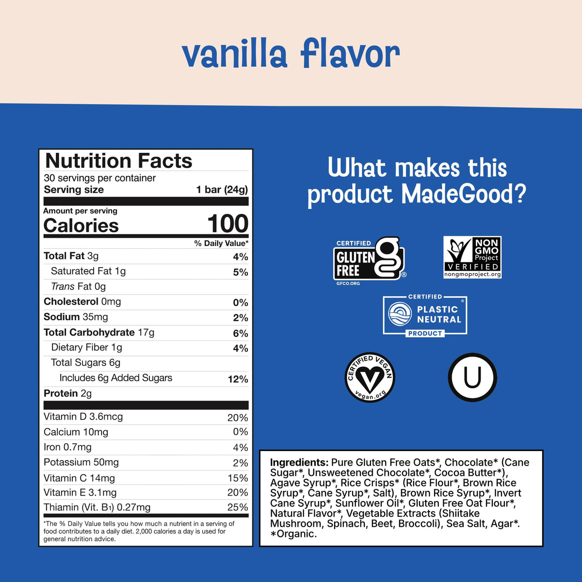 Close-up of vanilla drizzle on MadeGood bars, crisp oats and chocolate.