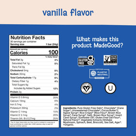 Close-up of vanilla drizzle on MadeGood bars, crisp oats and chocolate.
