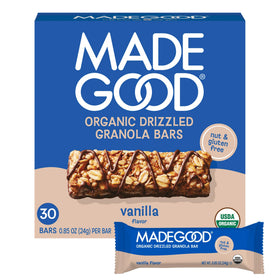 MadeGood Vanilla Chocolate Drizzled Granola Bar on packaging shelf, convenient school snack.