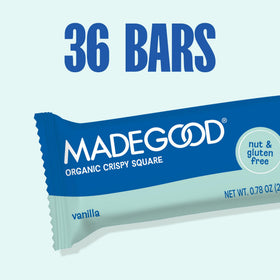 MadeGood Crispy Squares 36-count carton shown as convenient school snack package.
