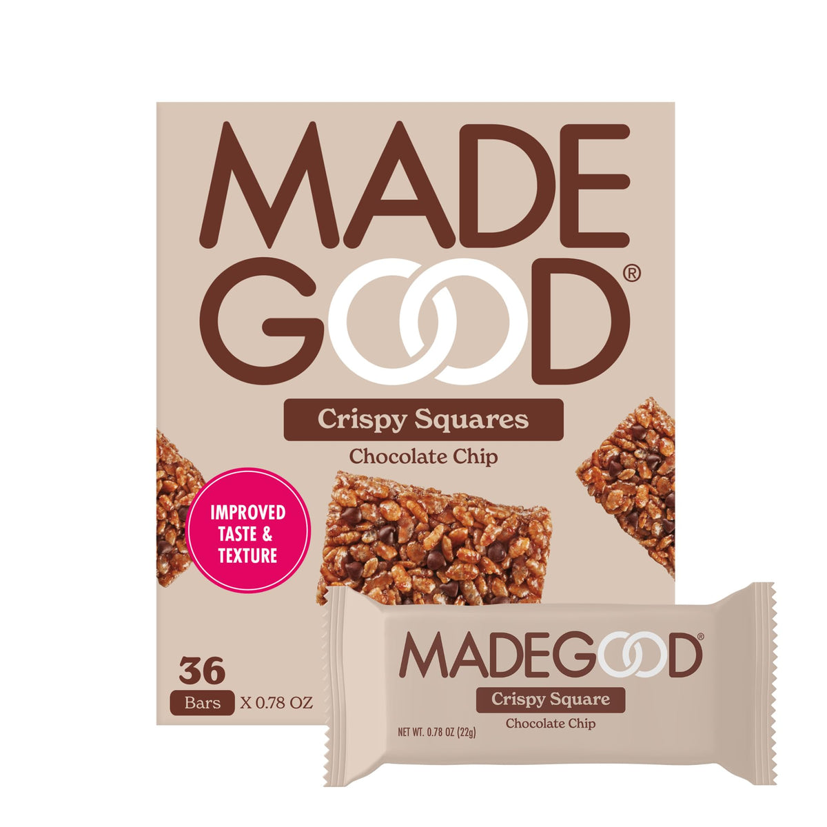 MadeGood Crispy Squares chocolate chip bars close-up, crisp texture for on-the-go snacking