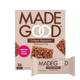 MadeGood Crispy Squares chocolate chip bars close-up, crisp texture for on-the-go snacking
