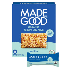 MadeGood Crispy Squares Vanilla packaging with gluten-free and organic badge for wholesome snacking.