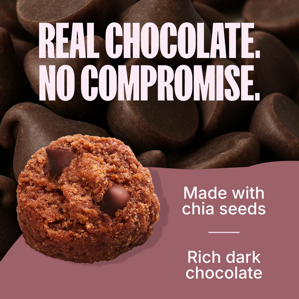 MadeGood Double Chocolate mini cookies close-up reveals soft texture and cocoa chunks.