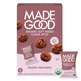 MadeGood Double Chocolate cookies packaging shows gluten-free, allergy-friendly snack option.