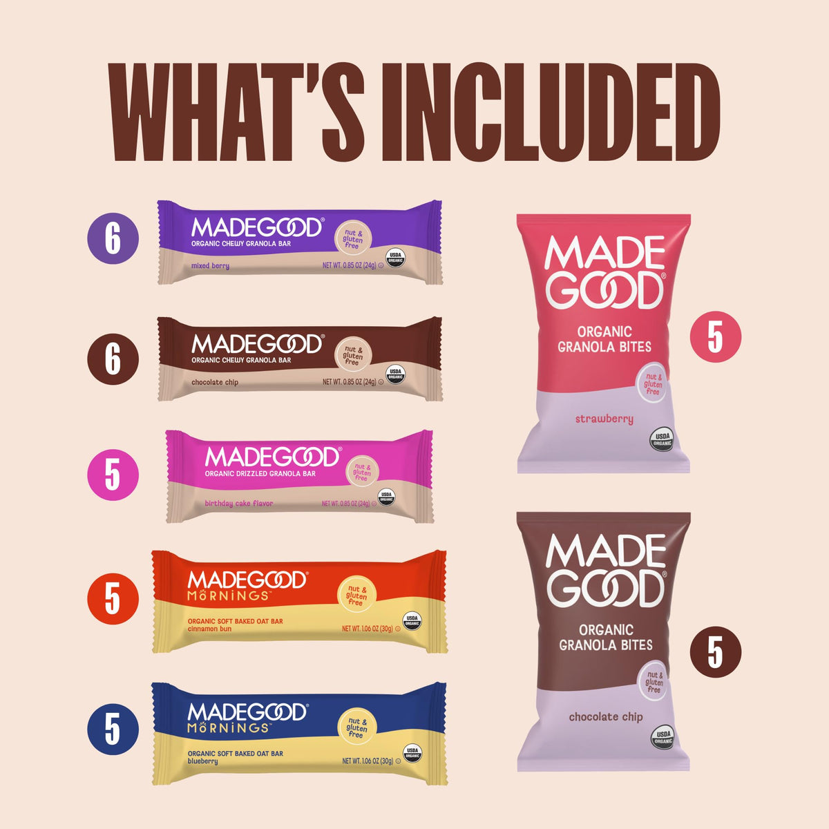 MadeGood granola-bites closeup, nut-free and vegan-friendly pouch snacks.