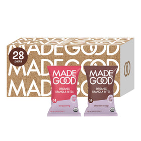 MadeGood Granola Bites Strawberry Minis front pack – gluten-free, kid-friendly snack.
