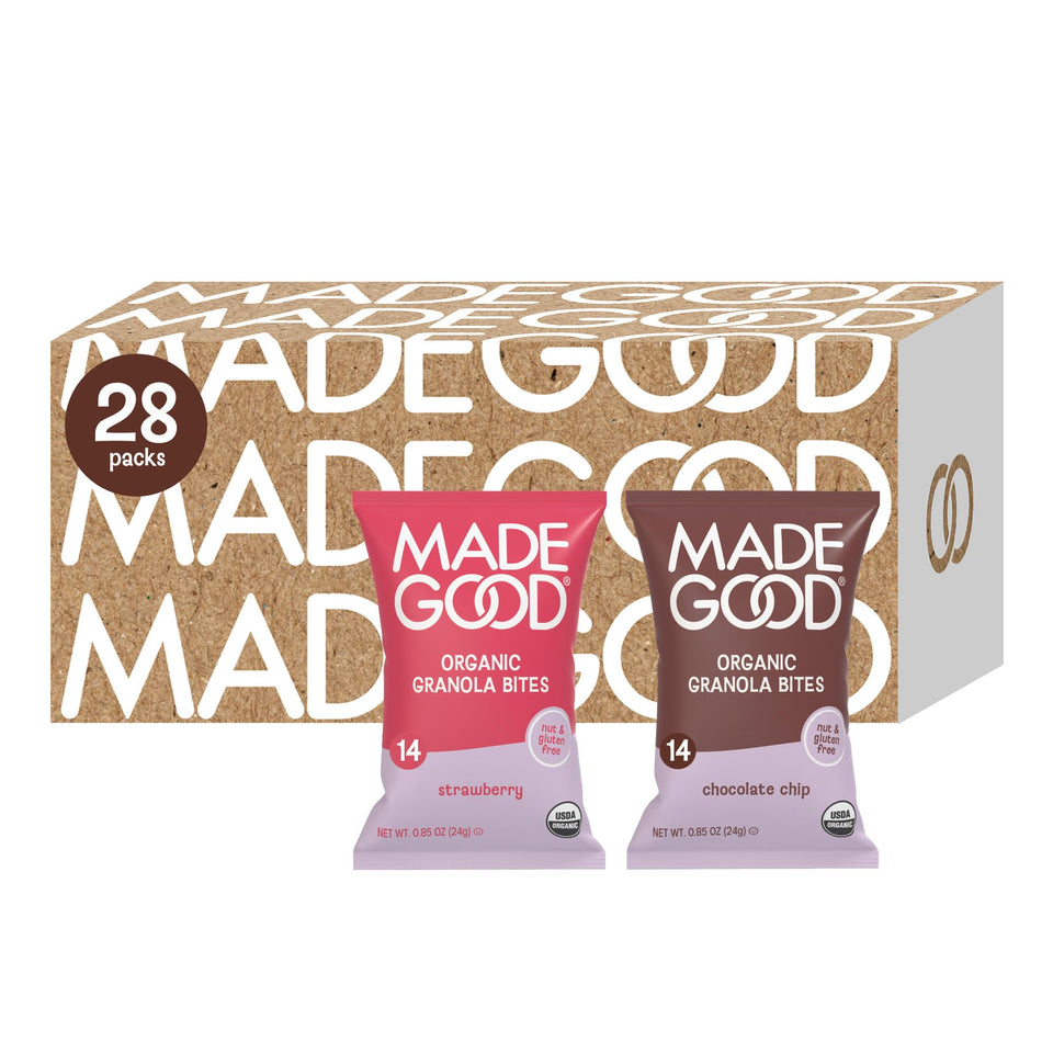 MadeGood Granola Bites Strawberry Minis front pack – gluten-free, kid-friendly snack.