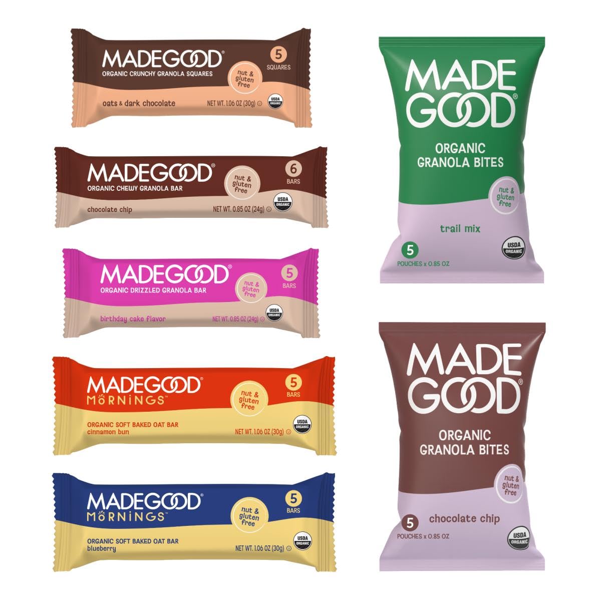 MadeGood granola variety pack box front showing seven snacks for daily cravings